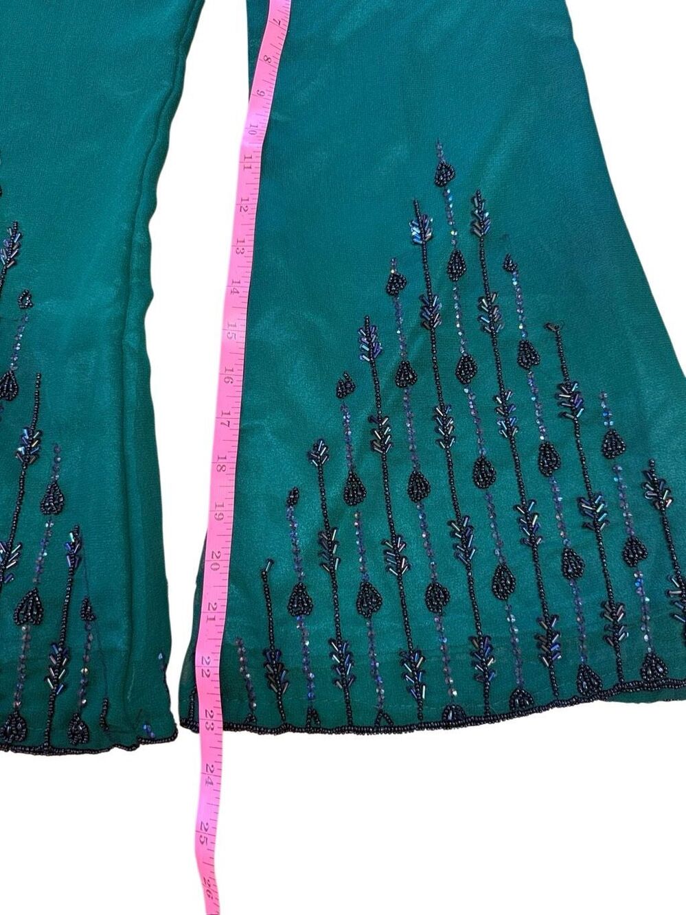 60s Vintage Green Embroidered Flare Tulle Pull on Pants XS - Picture 3 of 7